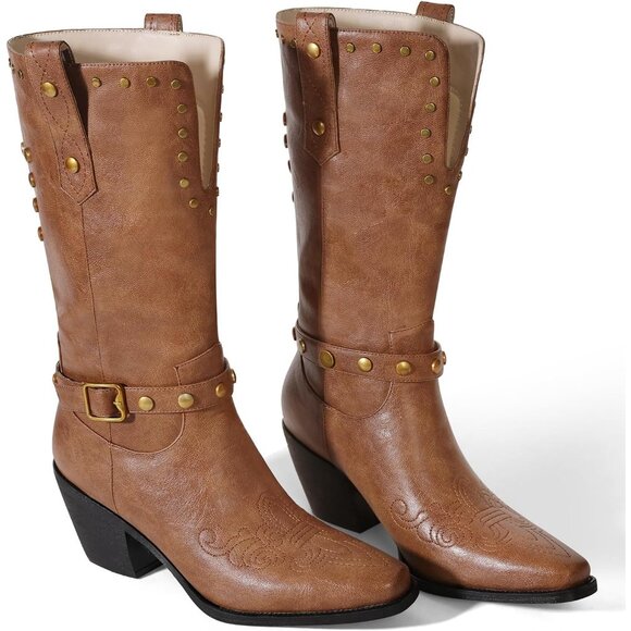 Womens Light  Brown Faux Leather Mid Calf Square Toe Chunky Heel Studded Boots - Picture 4 of 6